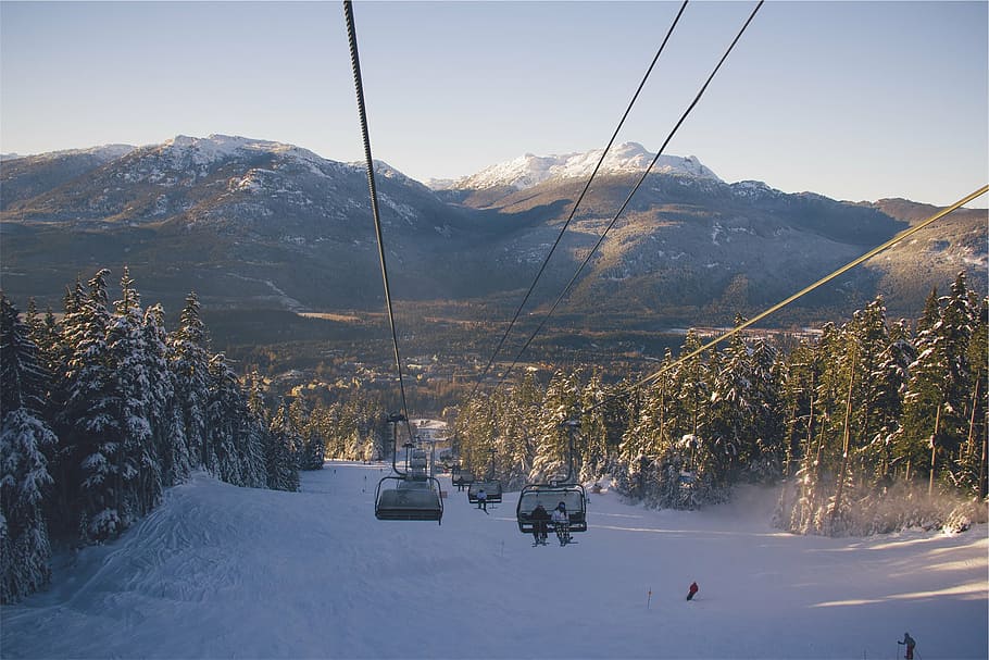 people, riding, cable cars, two, person, cable, car, chairlift, snowboarding, skiing