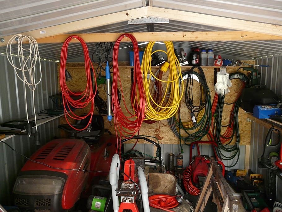 rojo, cortacésped, garaje, herramienta, cable, báscula, cabaña, trabajo, tractor, guantes