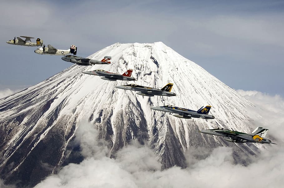 Public Domain, Mount Fuji, USN, April, 2007, DOD, aerial, photography, fighter, jets