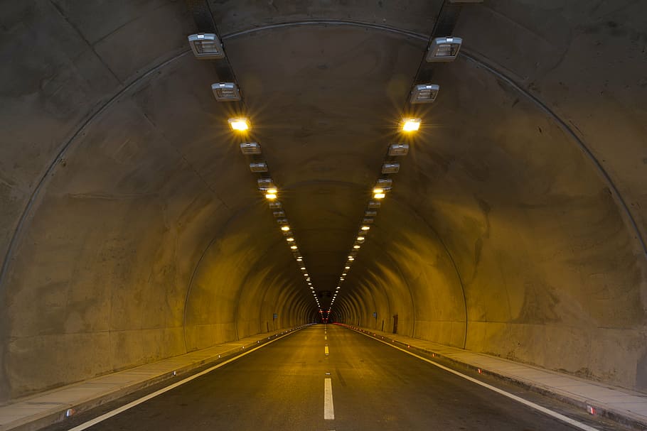 gray concrete tunnel, tunnel, asphalt, light, ribbon, concrete, transportation, car, travel, music