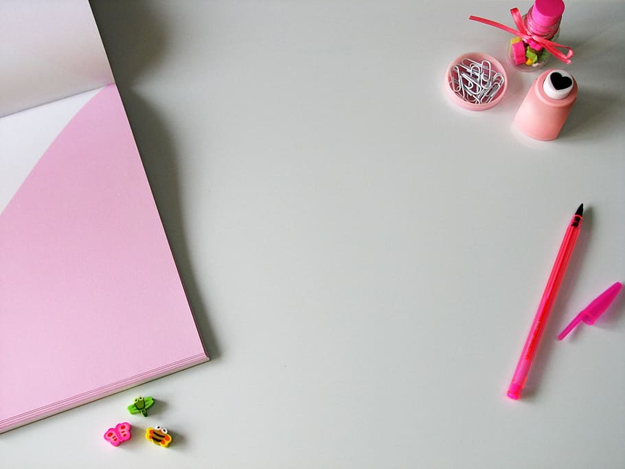 desk, white, pink, home office, blogging, feminine, pencil, paper, office supplies, pink color