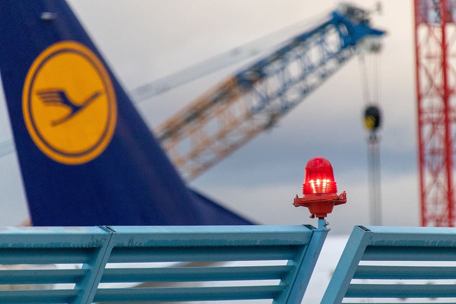 airport, lufthansa, flyer, aviation, red, architecture, communication, safety, construction industry, railing