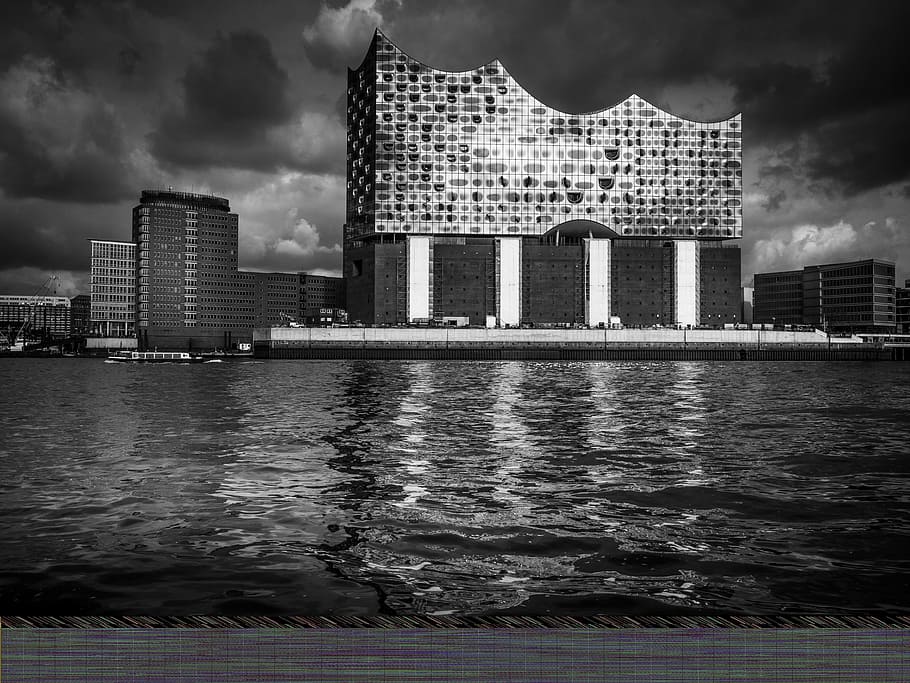 grayscale photo, building, hamburg, city, big city, hanseatic city, water, river, lake, elster