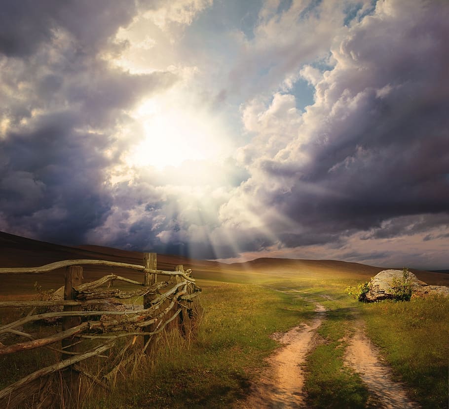 grassfield during sunrise, fantasy, landscape, mountains, fields, road, clouds, storm, fence, wood