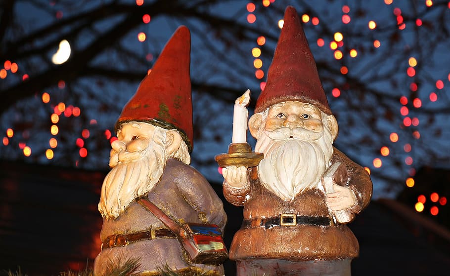 two dwarf figurines, brownie, heinzel christmas market, cologne, cologne christmas market, old town, cologne brownie, tree, evening, winter