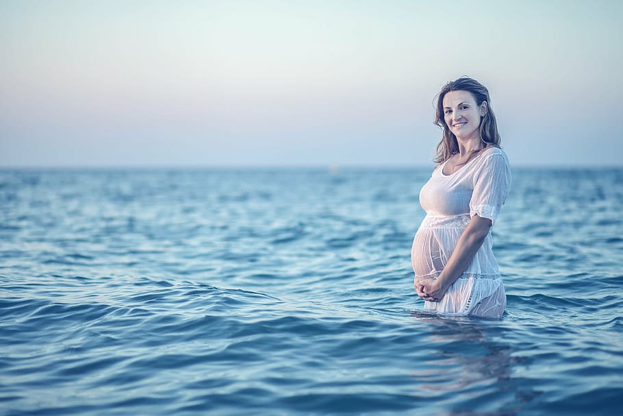 woman, white, dress, water, pregnancy, sea, pregnant, mother, beach, maternity