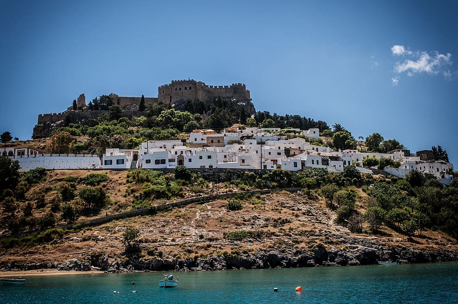 captain's houses, lindos, rhodes, sea, beach, greece, nice weather, summer, acropolis, sky