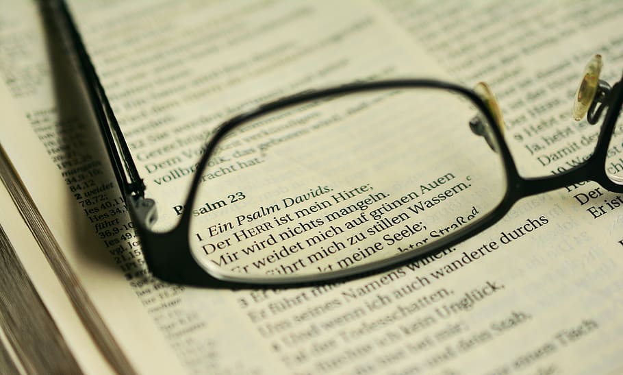 selective, focus photography, eyeglasses, top, bible, psalm, psalm 23, book, christianity, holy scripture