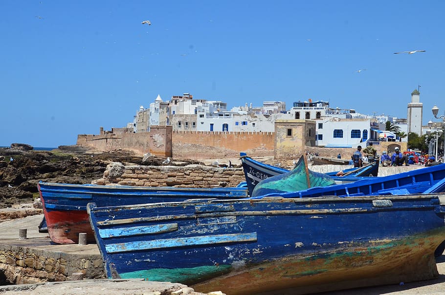 essaouira, boats, oriental, morocco, nautical vessel, blue, building exterior, water, architecture, built structure