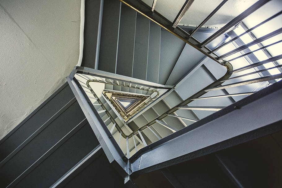 triangle, staircase, architecture, modern, indoors, spiral, steps, city, urban, steel