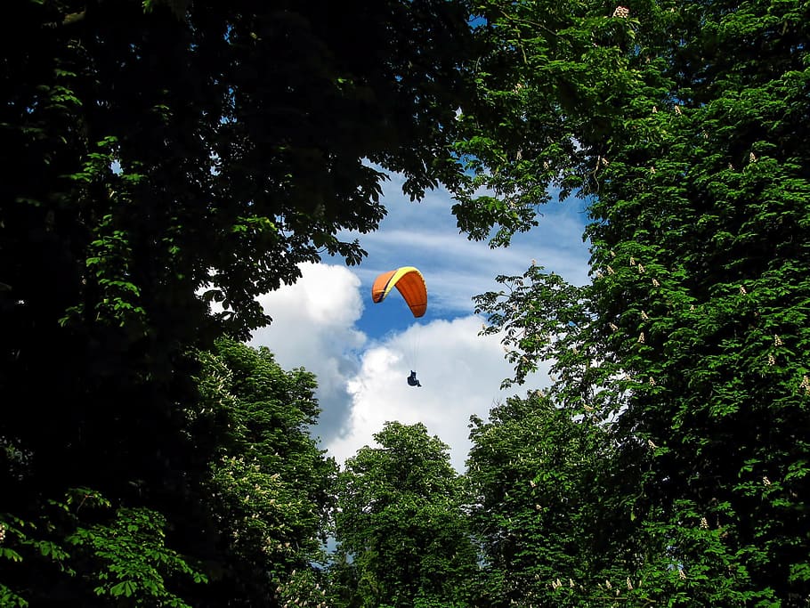 baixo, foto de vista de ângulo, pessoa, usando, paraquedas, parapente, flutuar, planar, vento, esporte