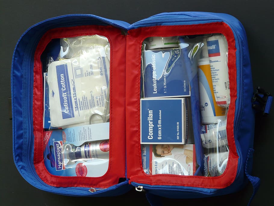 pertama, kit pertolongan, biru, kantong, kit pertolongan pertama, kit medis, tambalan, pertolongan pertama, kotak palang merah, wadah
