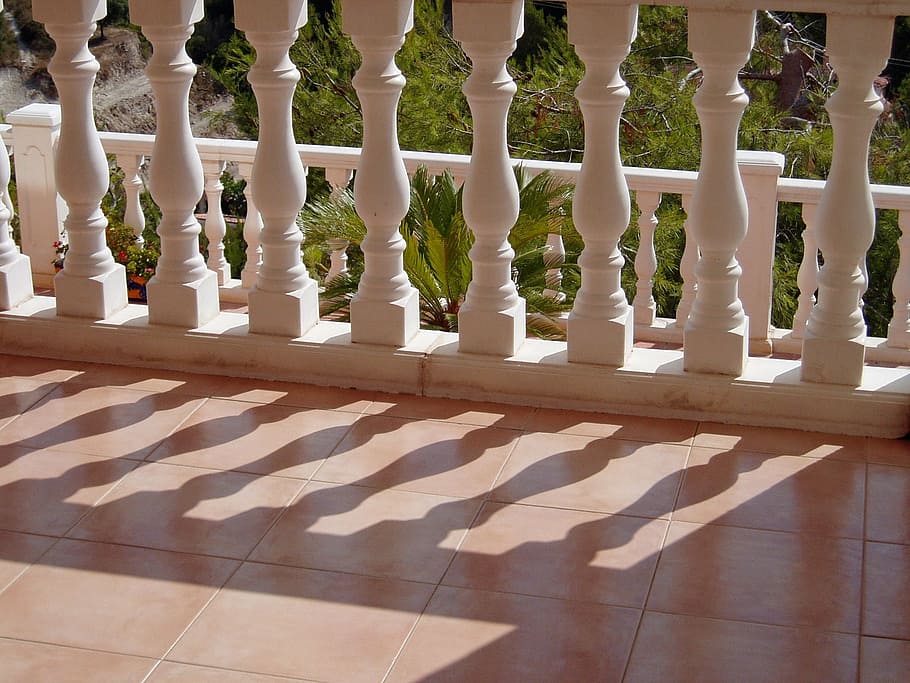 balustrade, spindles, shadow, pattern, row, terrace, sunny, railing, column, balcony