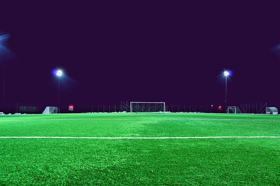 soccer field, night, football, field, lane, grass, sports, football field, league, spotlights