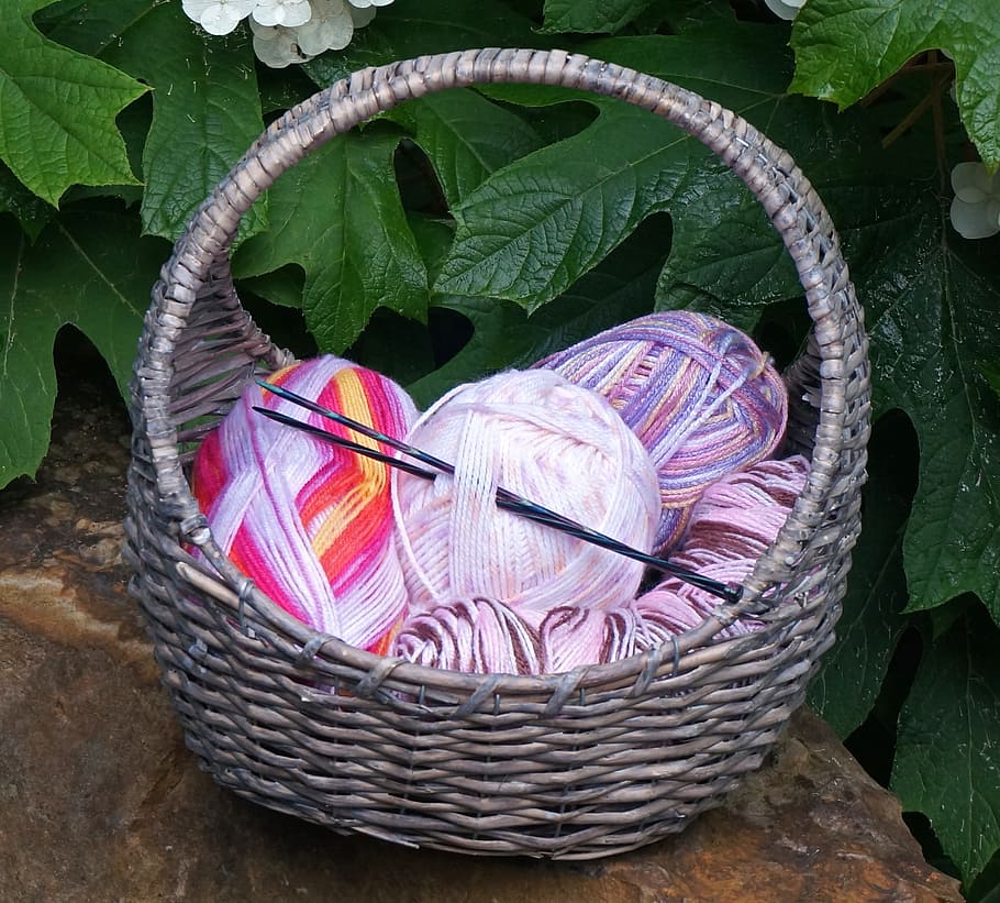 pink, yarn rolls, Variegated, Yarn, Basket, Baby, variegated yarn, baby yarn, knitting, knitting needles