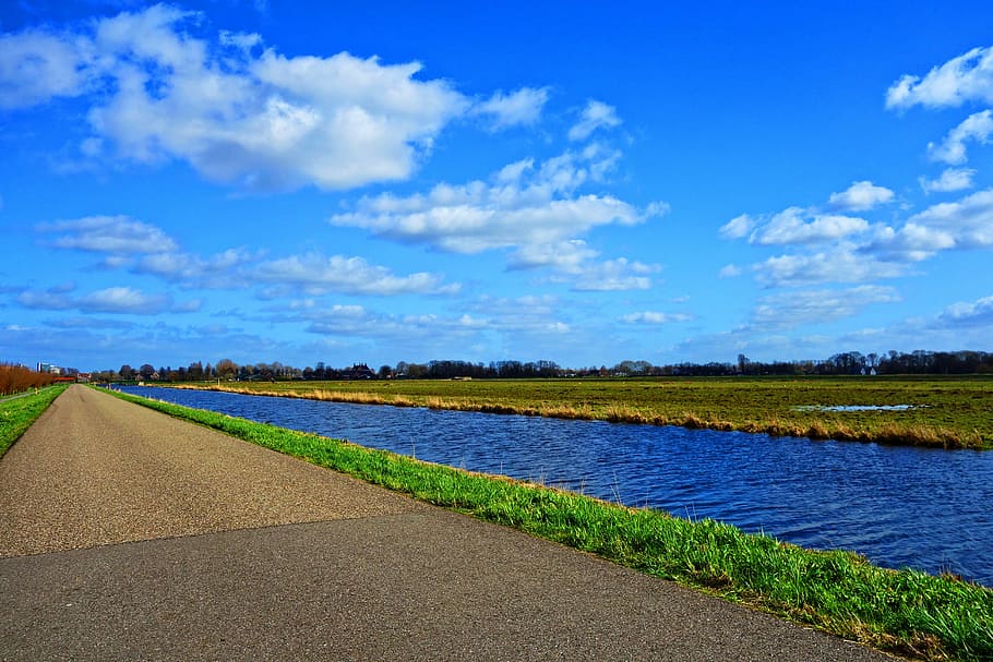 空, 道路, 体, 水, 昼間, 運河, 草, 干拓地, オランダ語, オランダの風景