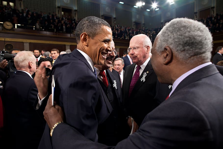 バラク・オバマ, 米国大統領, 歓迎, 左から右へ, チャカ・ファッタ, 上院議員パトリック・リーヒ, ダニー・K・デイビス, 労働組合の状態, 2011年1月25日, ワシントン