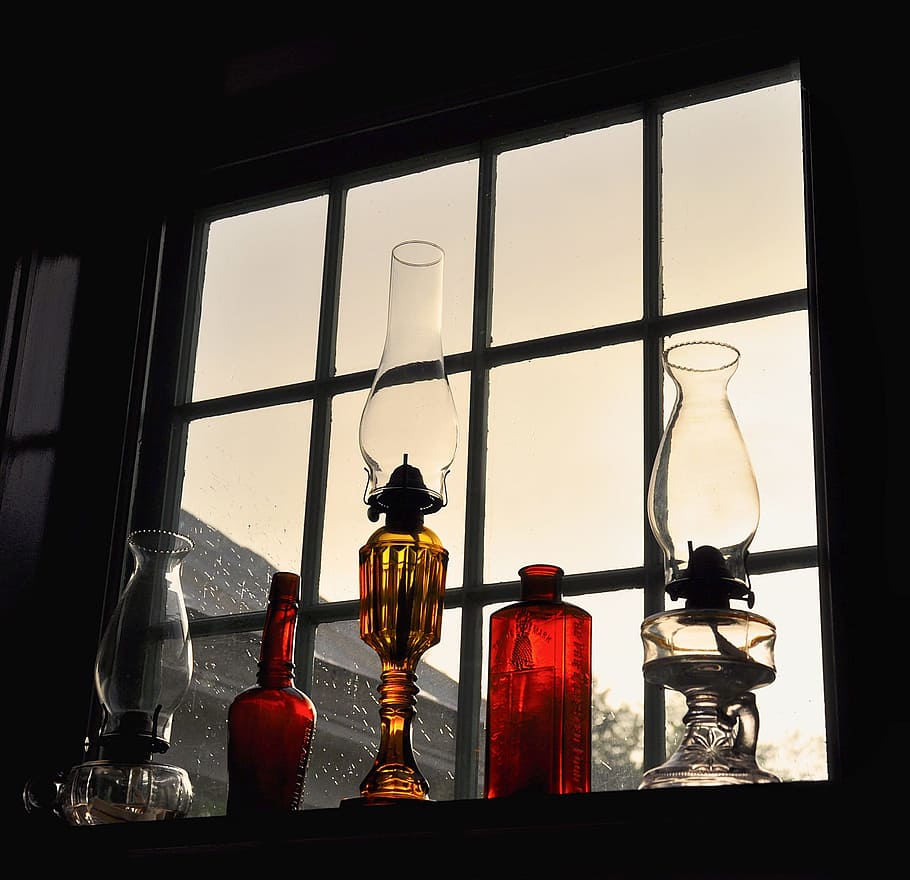 five, oil lamps, window, Oil, Lanterns, Antique, Lamp, Lantern, oil lanterns, old