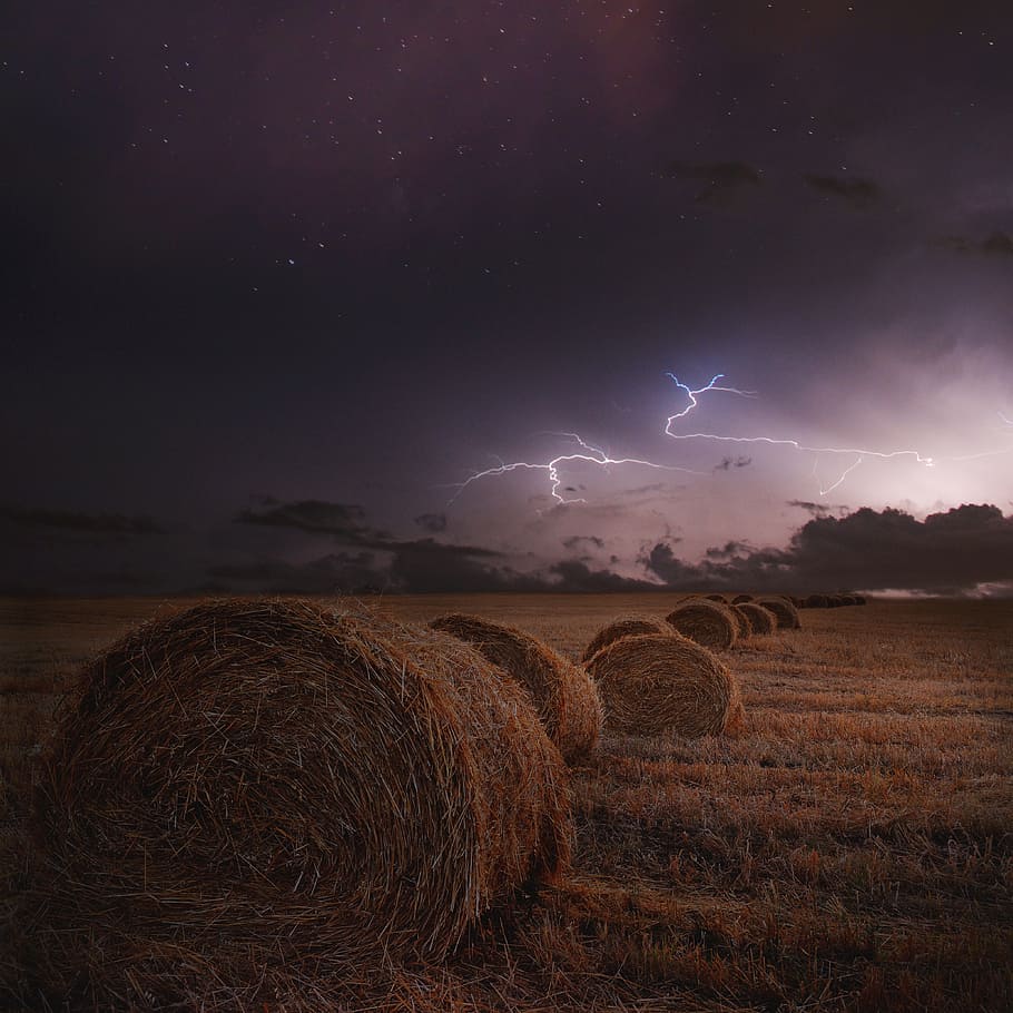 pile, rolled, haystack, lightning, clouds, storm, thunderstorm, weather, sky, nature