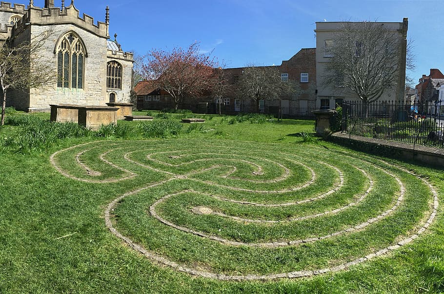 green, lawn, house, daytime, labyrinth, glastonbury, grass, architecture, built structure, building exterior