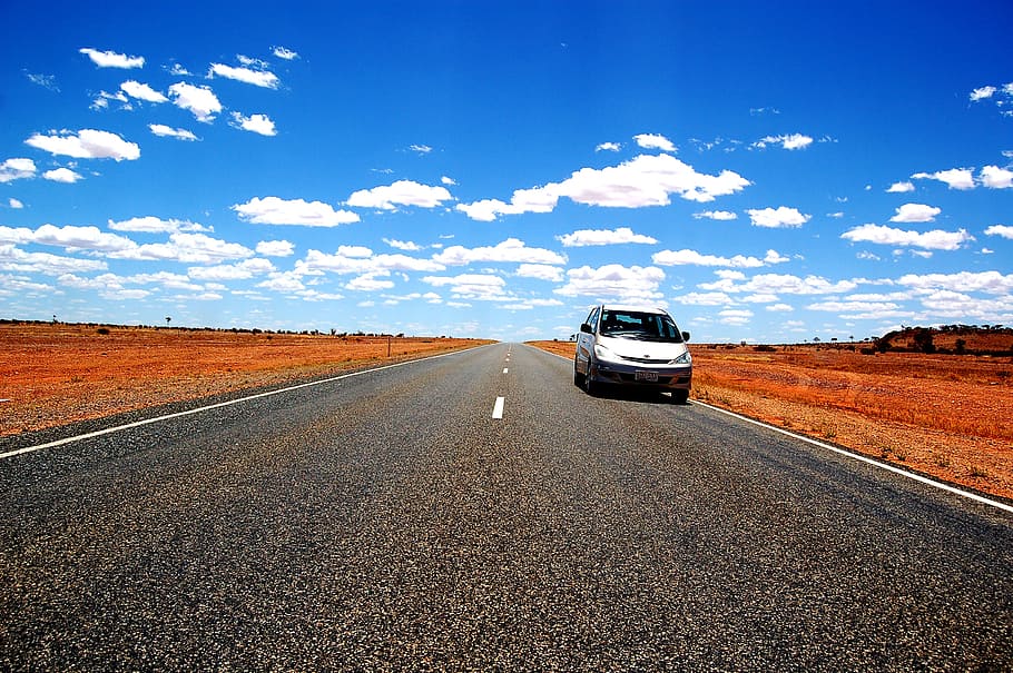 white, van, parked, road, outback, australia, bush, auto, car rental, pkw