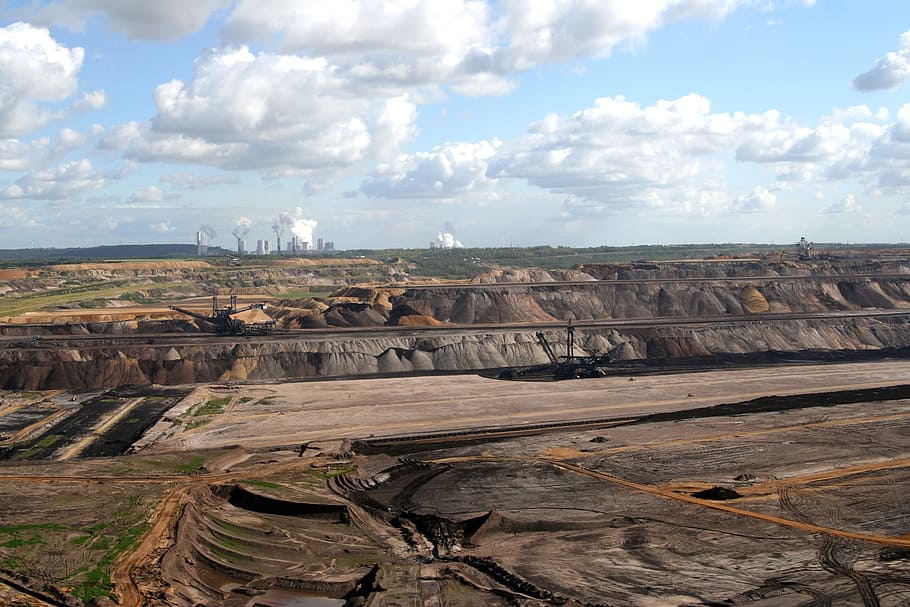 brown, gray, field, white, clouds, blue, sky, brown coal mining, open pit mining, coal mining