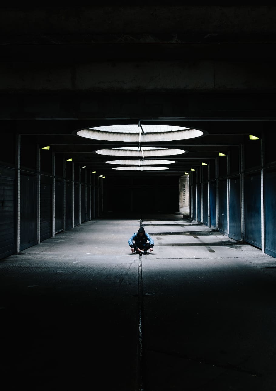 building, dark, people, man, thinking, alone, lights, ceiling, architecture, one person