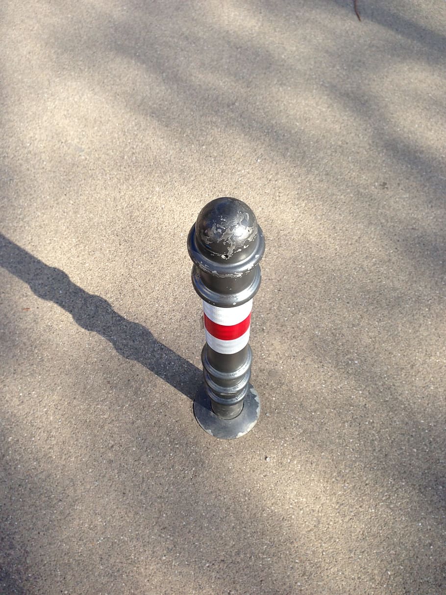 Post, Pillar, Bollard, Shadow, red, white, stripes, striped, high angle view, salt shaker