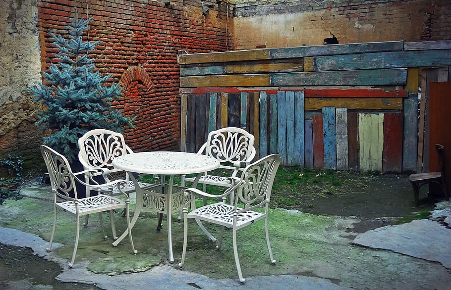 Tbilisi, Yard, Corner, Table, Chairs, comfort, chair, absence, architecture, built structure