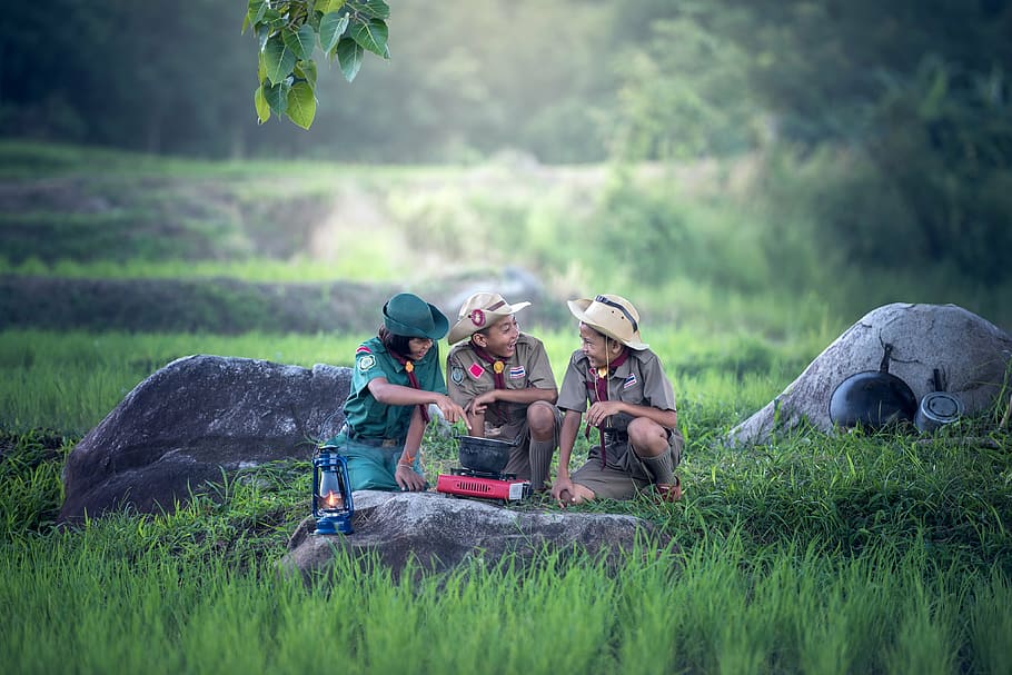 two, boy scout, one, girl scout cooking, pot, using, stove, surrounded, green, grass field