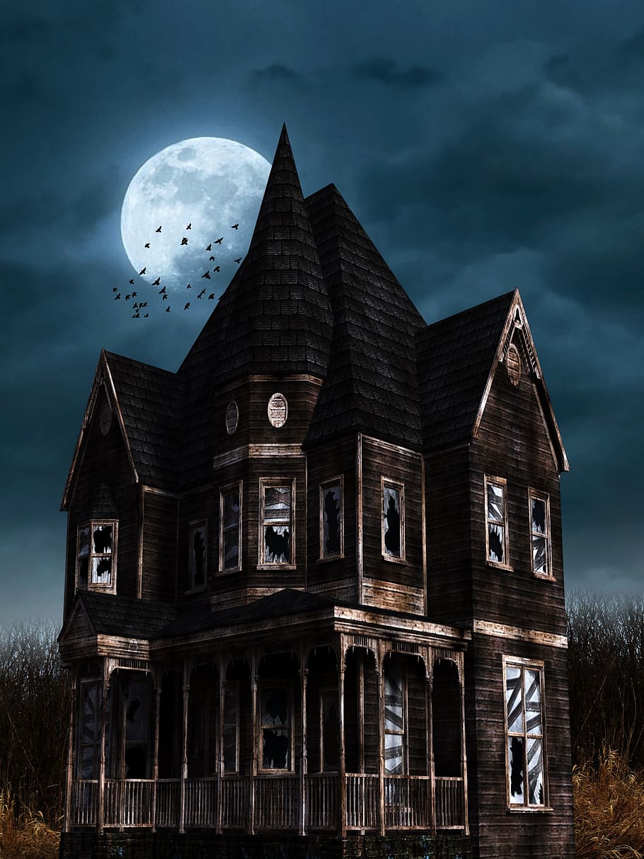 abu-abu, hitam, ilustrasi rumah besar, halloween, hotel bates, gruslehaus, horor, menyeramkan, aneh, mistis