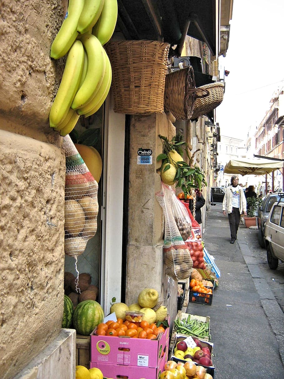 Calle romana, tienda, fruta, verdura, Roma, Italia, comida, plátano, alimentación saludable, comida y bebida
