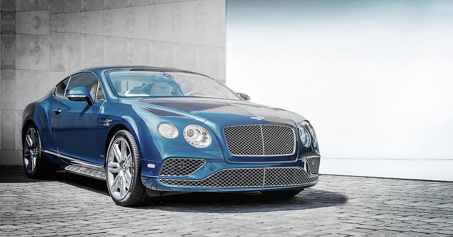 Azul, Bentley, continental, coupé, hormigón, construcción, automóvil, automotriz, pavimentación de bloques, pavimentación de ladrillos