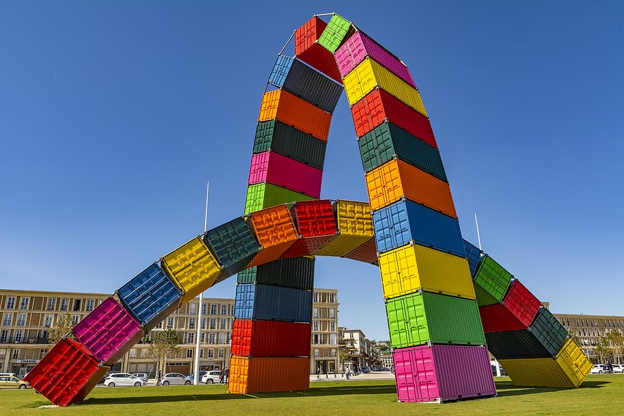 iso, container, sculpture, art, colors, haulage, france, figures, sky, garish