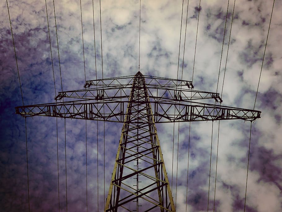 low-angle photography, grey, metal electricity tower, cloudy, skies, strommast, current, high voltage, power line, electricity