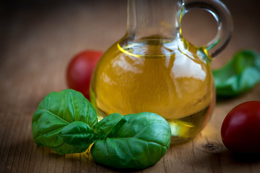 claro, botella de aceite de vidrio, verde, hoja, aceite, aceite de oliva, botellas, comida, comer, botellas de vidrio