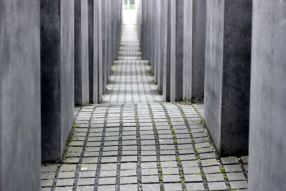 grayscale photo, hallway, monument, memorial to the murdered jews of, memorial, jews memorial, commemorate, persecution of jews, holocaust memorial, berlin