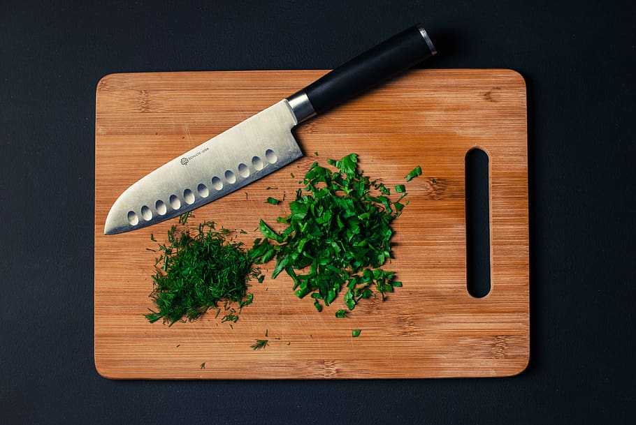 cutting board, knife, chopped, parsley, dill, ingredients, food, healthy, chef, kitchen
