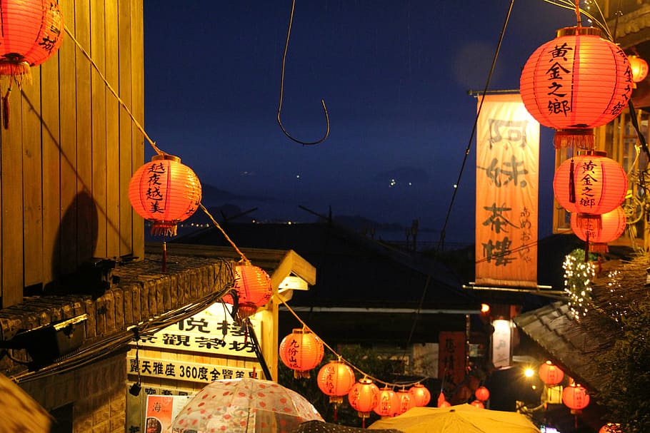 orange, chinese lanterns, brown, wooden, house, night time, china lights, street, night view, rain
