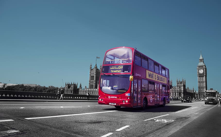red, double-decker, bus, road, black and white, traffic, street, blue, big ben, london