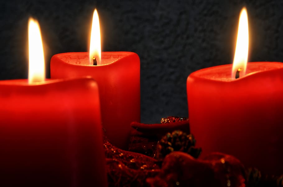 closeup, three, lighted, red, candles, candlelight, mood, fire, flame, candle