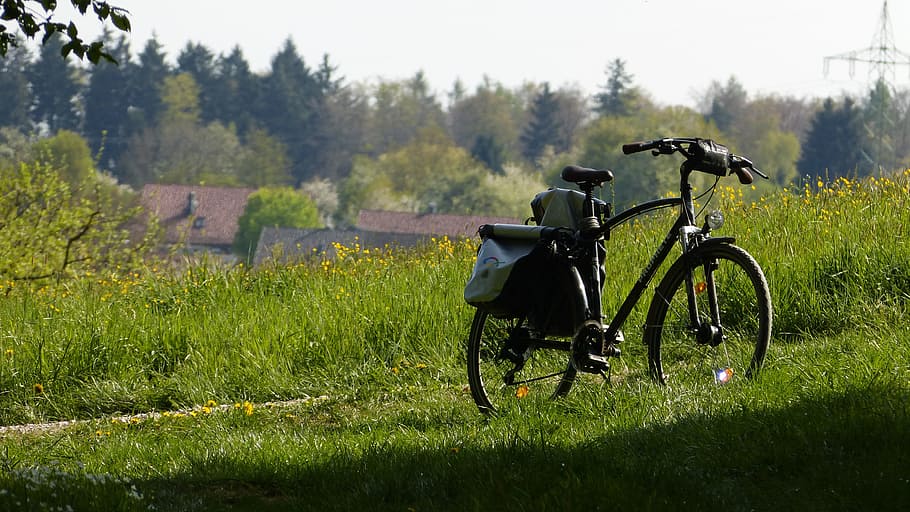 black, bike, parked, grass field, bike ride, landscape, meadow, grass, nature, relaxation