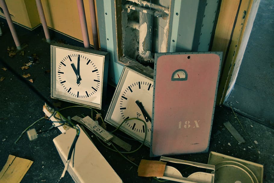 two, white, analog clocks, black, surface, junk, shop, recycle, wall, clock