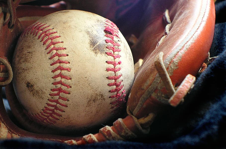 white, red, baseball, brown, leather baseball glove, softball, glove, sport, recreation, mit