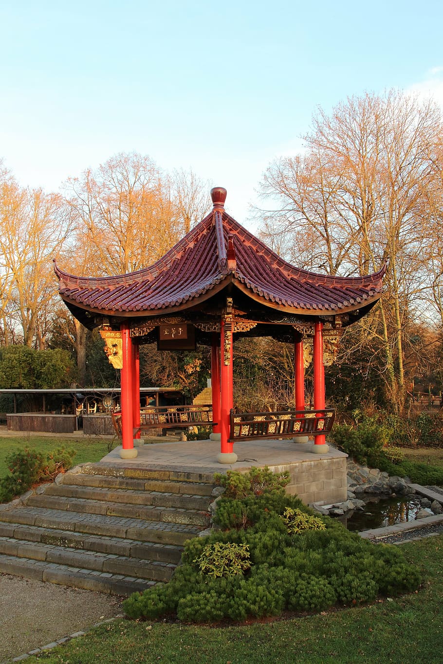 pavilion, chinese pavilion, chinese, garden, built structure, architecture, tree, sky, belief, religion