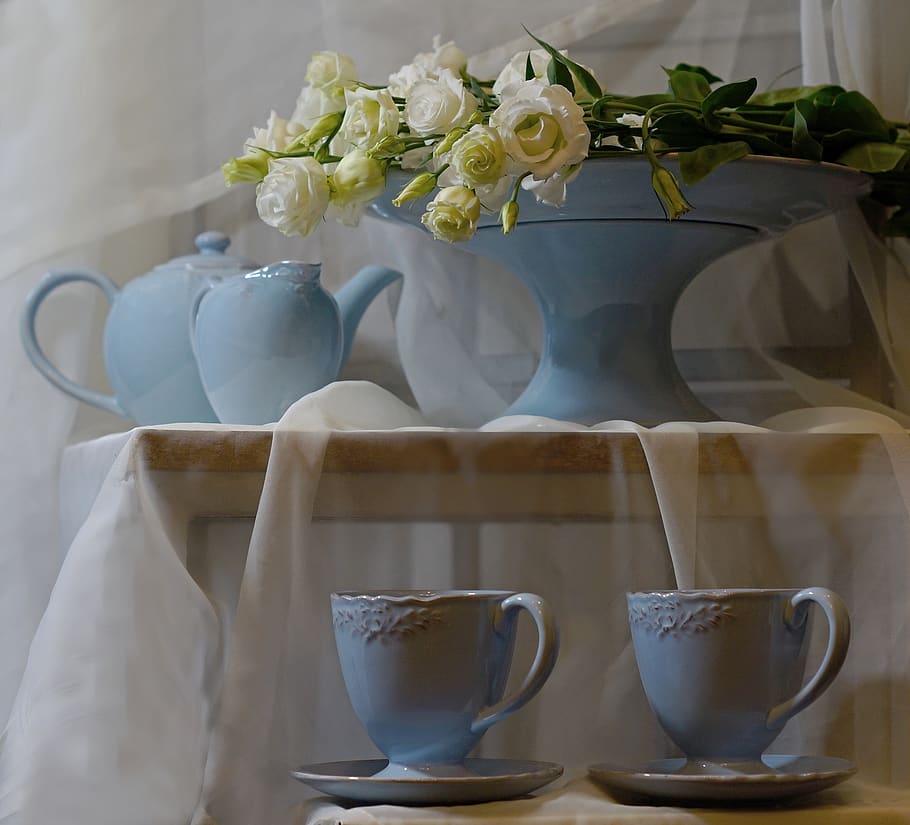 decoration, porcelain, service, flower, flowering plant, table, freshness, plant, white color, cup