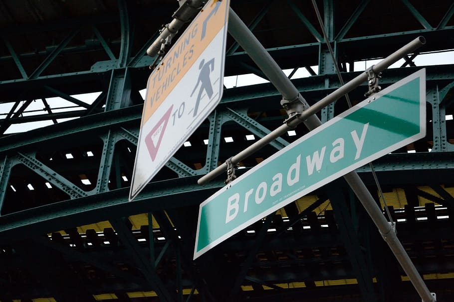 new york, harlem, broadway, street sign, signs, manhattan, bridge, underpass, steel, street