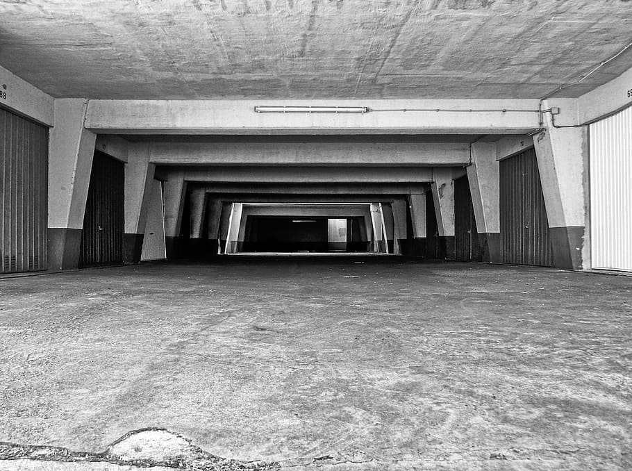 grayscale photography, empty, warehouse, underground car park, auto, gateway, underground, garage door, garage, traffic