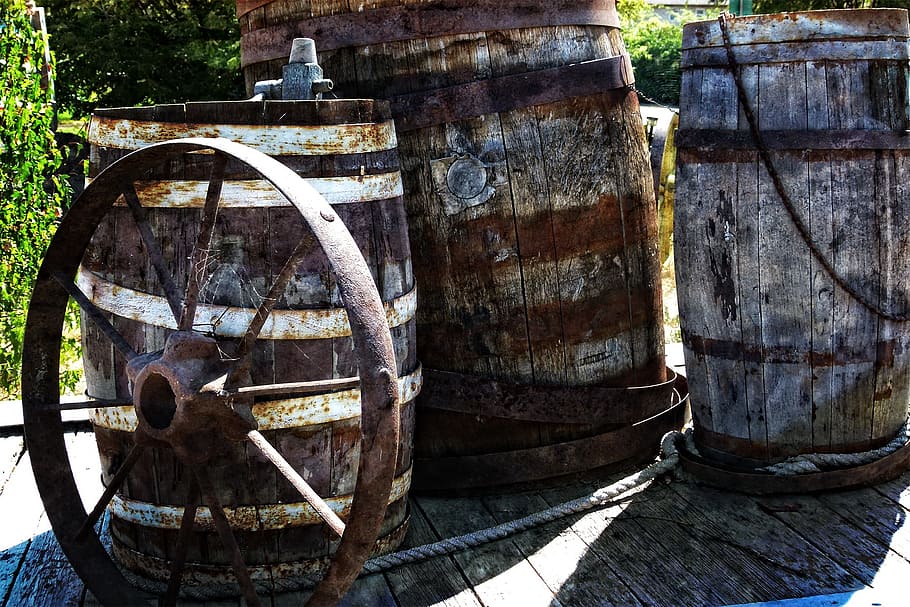 old, heritage, wooden, barrel, metal, tire, ancient, history antique, rusty, wood - material