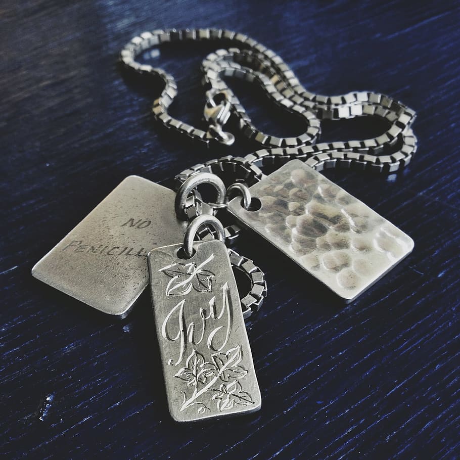 necklace, dog tags, black, surface, Chain, Jewellery, Ivy, Message, silver, identification